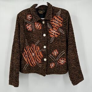 Alex Kin Womens Tweed Jacket Size M Brown Embroidered Floral Statement Artsy